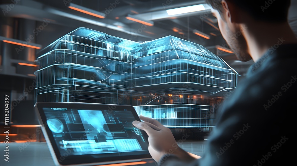 Poster a digital artist creating a stunning 3d model of a futuristic building on their tablet, with ar tool