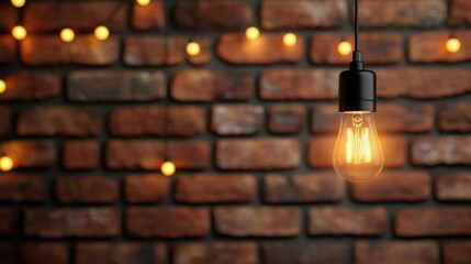 A warm, glowing vintage-style light bulb hanging against an old brick wall, evoking a sense of nostalgia and cozy ambiance, perfect for artistic interiors.