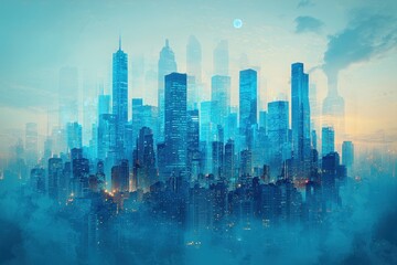 Futuristic urban skyline with double exposure effect at sunrise