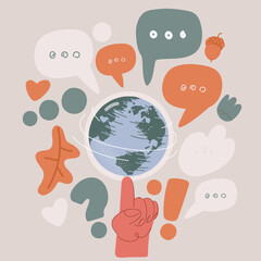 Vector illustration of the concept of a spinning globe balanced on a fingertip