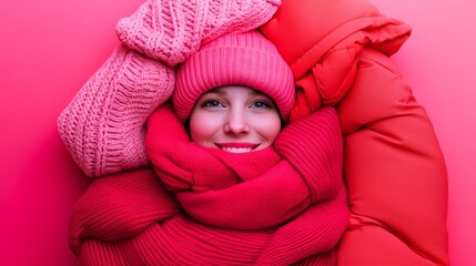 a smiling face concept made out of winter clothes. red-pink colour palette, white background 