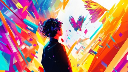 Storytelling-driven creativity concept showcasing innovation with bold geometric patterns vibrant gradients and layered elements representing imaginative narratives and groundbreaking ideas in a