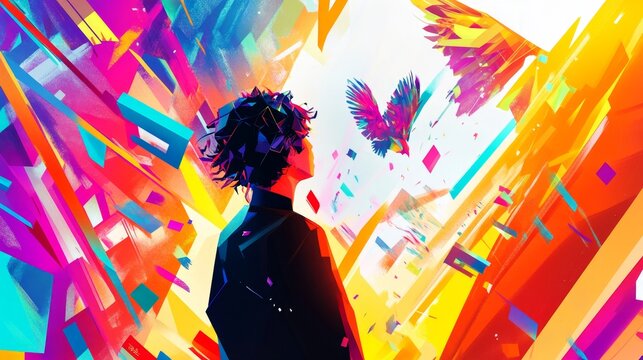 Storytelling-driven creativity concept showcasing innovation with bold geometric patterns vibrant gradients and layered elements representing imaginative narratives and groundbreaking ideas in a