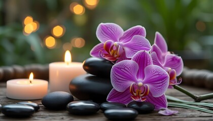 Luxury Spa Setting with Orchids, Candles, and Black Stones in Garden