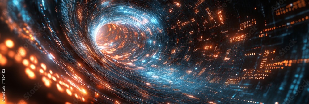 Poster futuristic sci-fi tunnel with glowing lights and digital patterns