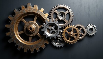 Collection of metallic gears in various sizes on a dark surface