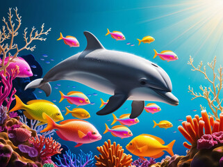 Fototapeta premium 3d Dolphin Coral Colorful Fish Under the Sea 