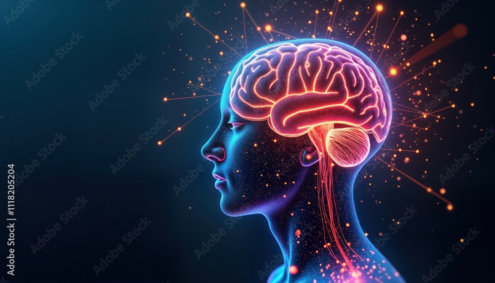 Fototapete digital illustration of human brain with neural connections, glowing data points. profile view of he
