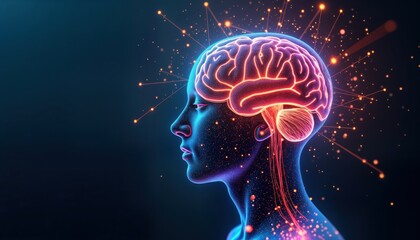 Fototapeta premium Digital illustration of human brain with neural connections, glowing data points. Profile view of head detailed brain structure. Neural pathways radiate outwards forming abstract visual of complex