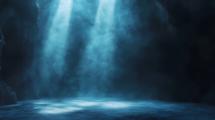 Ethereal blue spotlight beams misty stage floor atmospheric void background. Void. Illustration