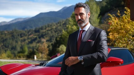 Suit-clad man stands beside sleek red sports vehicle