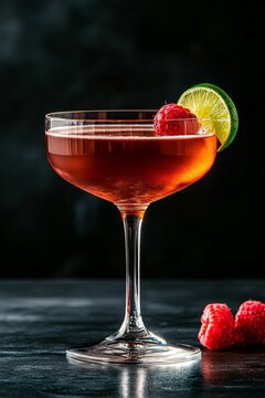 Copa de c&oacute;ctel oscuro decorada con una rodaja de lima y frambuesa fresca, situada sobre una mesa oscura con un fondo minimalista.
