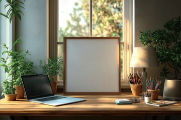 Home office interior mockup with wooden desk laptop plants and empty frame. Natural light streams through window. Stylish and modern decor. Workspace concept.