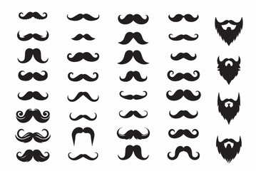 Moustache icon set. Stylish facial hairs. Pack of moustaches and beards for social media avatars. Fashion, aesthetics and elegance. Flat vector collection