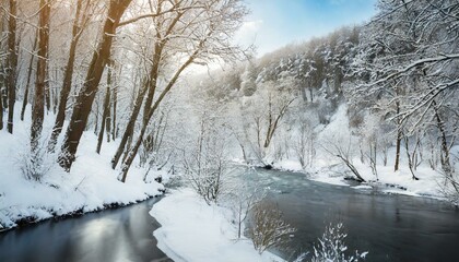 Beautiful nature scene with winter forest, trees, snow and river,winter, snow, landscape, cold, tree, nature, ice, forest, river, frost, water, sky, 