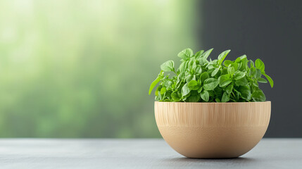 Close-up of a wooden bowl with fresh green basil leaves on a blurred background, a concept for a natural, healthy lifestyle and organic food