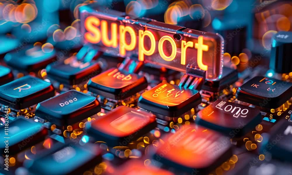 Poster close-up of a dark blue illuminated keyboard with various keys and symbols.