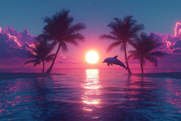 Serene sunset with dolphin leaping over ocean between palm trees