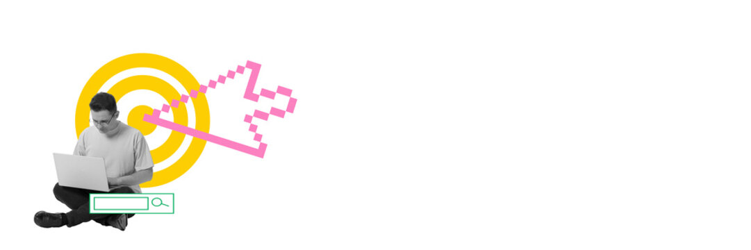 Contemporary art collage. Man working on laptop, with pixelated cursor and yellow target symbolizing precision in digital marketing strategies. Concept of social media marketing, communication. Ad