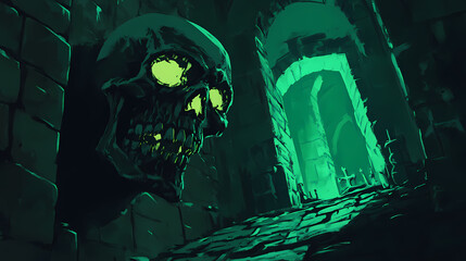 Grim specter with a skeletal face, glowing eyes in a dark crypt, ominous and foreboding atmosphere, specter skull grim. Void. Illustration