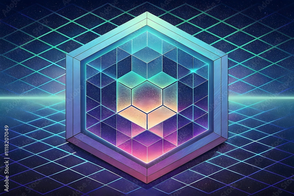 Poster geometric patterns vibrant colors futuristic design hexagonal shapes digital art