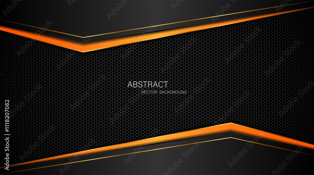 Aufkleber abstract black and orange polygon with golden lines on dark steel mesh background with free space fo