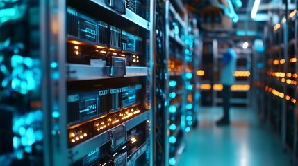 Cybersecurity Data Center Server Room with Glowing Lights