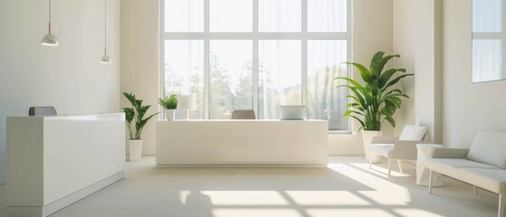 Sunlit modern office space with sleek furniture and flourishing plants, radiating freshness and productivity within a serene atmosphere.