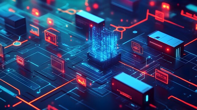 A graphic representation of firewall technologies, illustrating a network with secure and unsecure segments, showcasing digital barriers and protective measures to control traffic