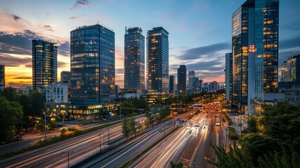 Fototapeta premium City skyline at sunset with busy highway and modern skyscrapers.