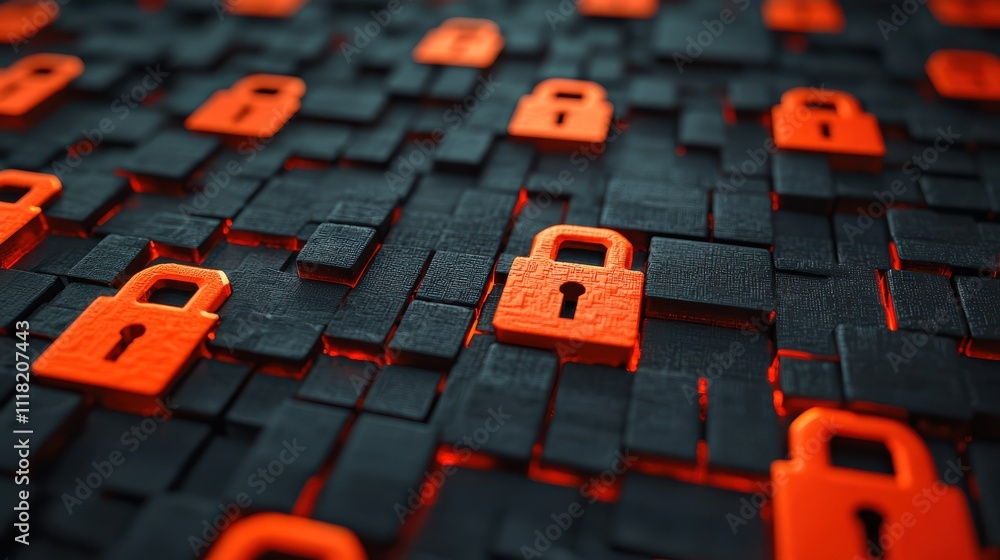Poster digital representation of secure network featuring orange locks on dark background, symbolizing cybe