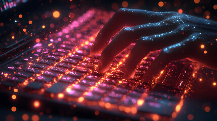 Close-up of hands typing on a keyboard with a glowing backlight, illustrating the modern, digital lifestyle. The image captures the action of typing, emphasizing the technology and connectivity that d