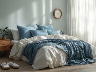 Cozy bedroom interior with blue accents and natural light