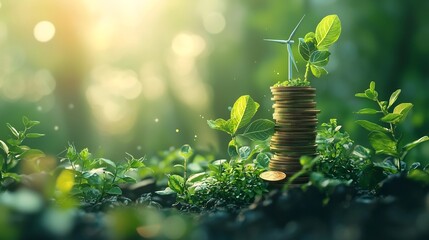 Sustainable Wealth   Coins Transforming into Wind Turbines Surrounded by Green Plants