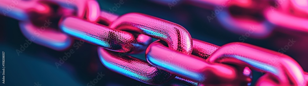 Poster close up view of vibrant, metallic chain link, showcasing secure connections in digital network. col