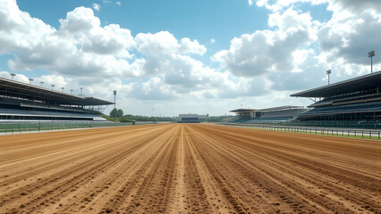Empty horse racing track with grandstands on either side under a partly cloudy sky. The dirt track shows lines from maintenance. A sunny day.