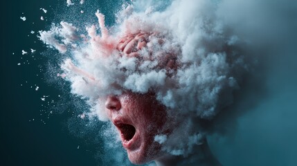 A person's head bursts into an expansive cloud of powder, capturing a moment of intense emotion and energy through this surrealistic and striking visual representation.