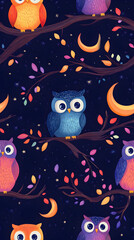 Owl, a wise night bird, perched on a tree branch, gazing at the moonlit sky