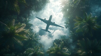 Fototapeta premium Airplane flying over lush jungle nature photography aerial view