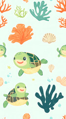 Cartoon fish, turtle, octopus, and starfish swim in a colorful underwater world, creating a cheerful marine animal vector pattern