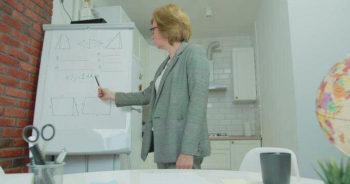 School teacher give geometry class look at camera explain equation point at whiteboard stand at home. Online class, video conference call virtual teaching, distance lesson.