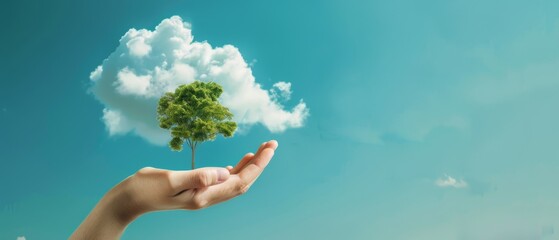 A surreal image of a tree growing atop a human hand reaching toward the sky, symbolizing harmony between nature and humanity.