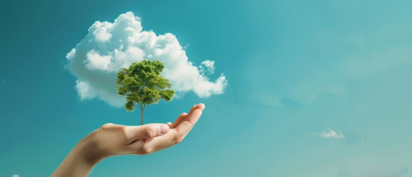 A surreal image of a tree growing atop a human hand reaching toward the sky, symbolizing harmony between nature and humanity.