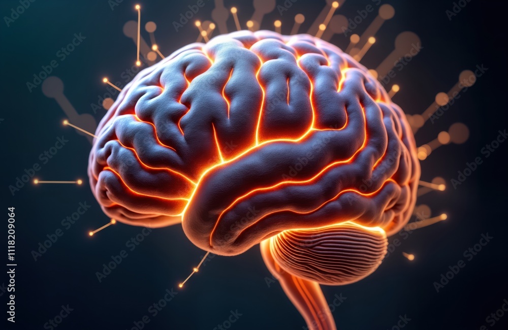 Fototapete Glowing neural connections highlight human brain functions. Modern tech visualization shows complex mental processes. 3D model represents brain activity. Advanced tech portrays intelligence,