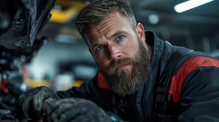 Obraz premium A focused mechanic works intently under a car hood, showcasing concentration and expertise in his field, embodying dedication and hands-on problem-solving.