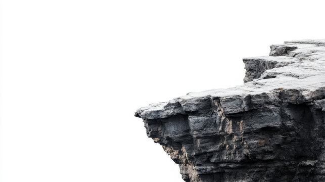 Dramatic rock cliff edge against a plain white background, showcasing natural textures and rugged formations.