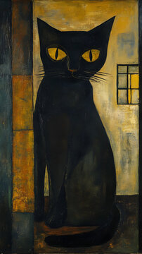A spooky black cat silhouette peers from a moonlit window, its glowing eyes hinting at a Halloween horror