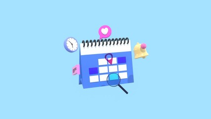 3D Animation Of Calendar with Animated Clock, Love, Notification Bell, Magnifying Glass, Speech Bubble And Location Pin Icon. Calendar Animation On Blue Background. Daily Routine Concept Animation.