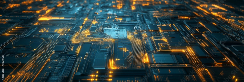 Poster futuristic circuit board with glowing patterns and complex design