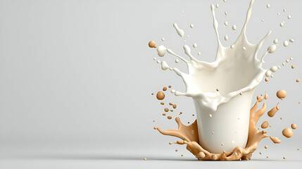 A dynamic splash of milk erupts from a cup, creating an artistic display of liquid droplets against a minimalist background.